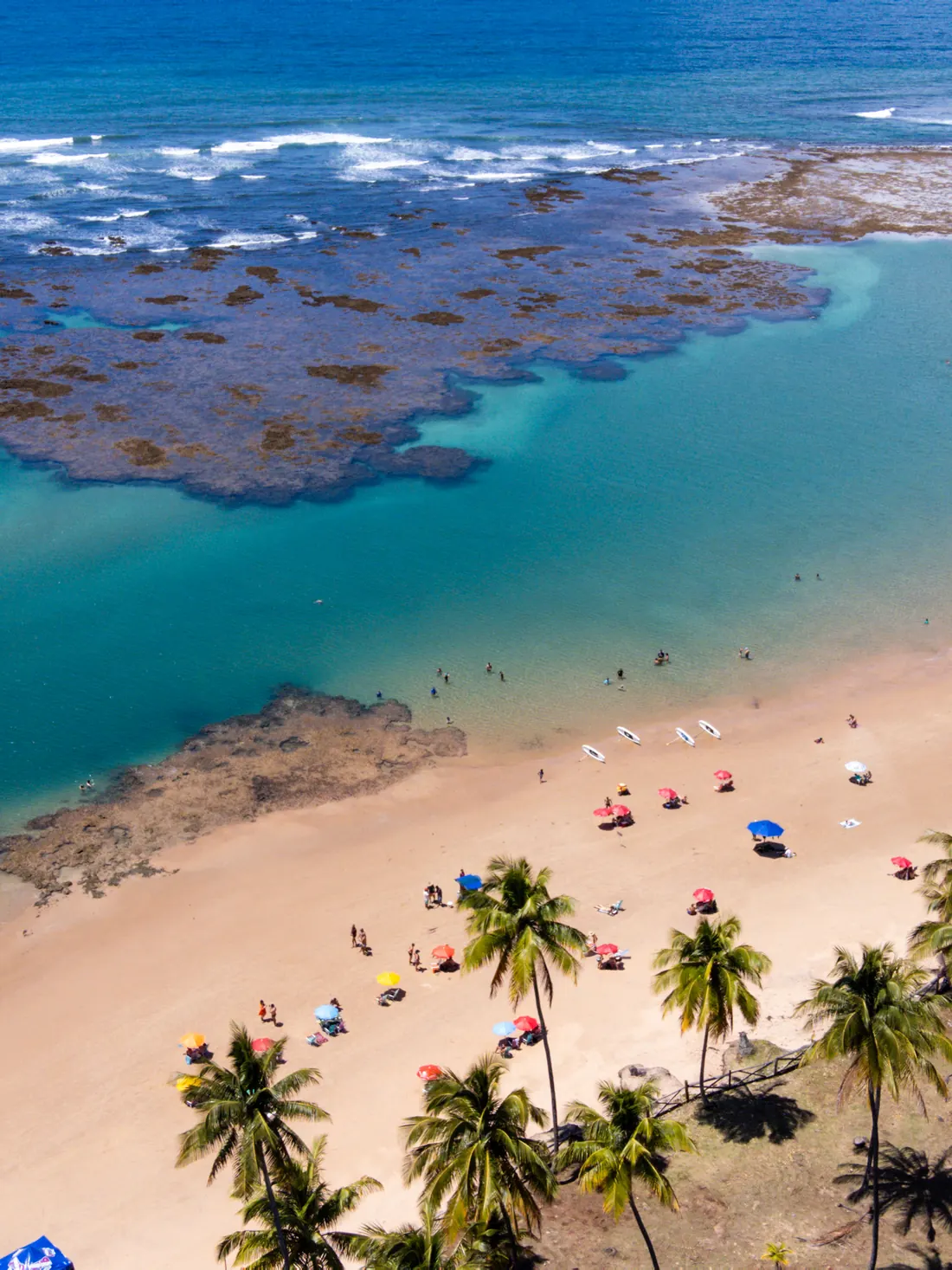 Natural pools among the reefs, with the beach and coconut palms alongside