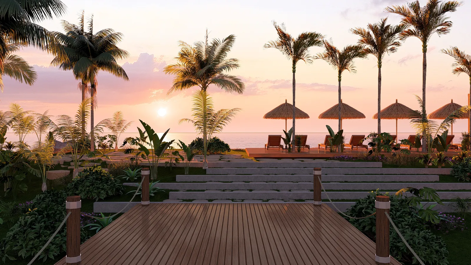 Bar da Praia among the coconut palms, with a timber deck at the water edge